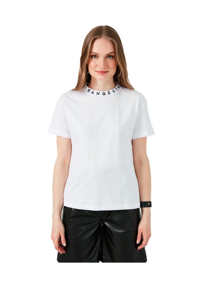 Lela Yakası Baskılı Bisiklet Yaka Basic Örme Bayan T Shirt 5864054 Beyaz