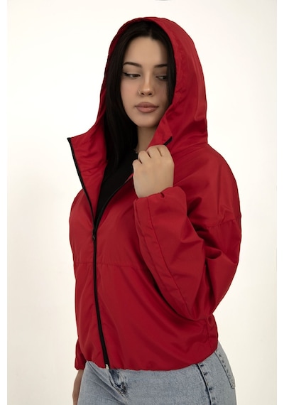 Kadın Kırmızı Kapüşonlu Su Ve Rüzgar Geçirmez Cepli İçi Astarlı Oversize Yağmurluk Kırmızı