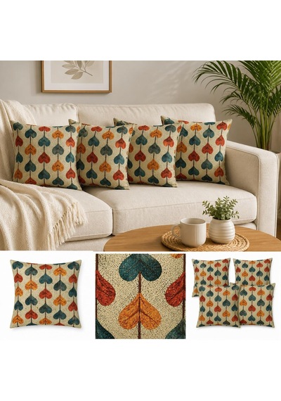 4'lü Dijital Baskılı Dekoratif Yastık Kılıfı Seti 45x45 Cm - Retro Yaprak Deseni, Sonbahar Renkleri Kırmızı, Diğer
