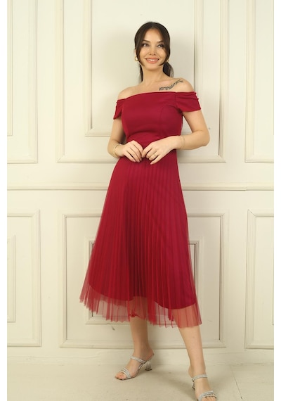 By Saygı Madonna Yaka Astarlı Eteği Şifon Pilisoley Elbise-40137 Fuşya