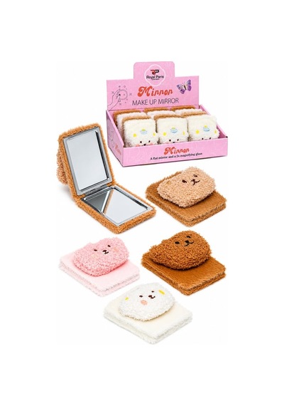 Peluş Ayıcıklı Çift Taraflı Katlanabilir Cep Aynası Sevimli Makyaj Aynası- 24'li Paket Çok Renkli