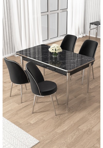 Canisa Rewa Serisi 70x110 Sabit Siyah Mermer Desen Krom Detay Masa Takımı Ve 4 Siyah Sandalye Masa Siyah Mermer Sandalye Siyah Krom Ayak Canisa Rewa Serisi 70x110 Sabit Siyah Mermer Desen Krom Detay Masa Takımı Ve 4 Siyah Sandalye Masa Siyah Mermer Sandalye Siyah Krom Ayak