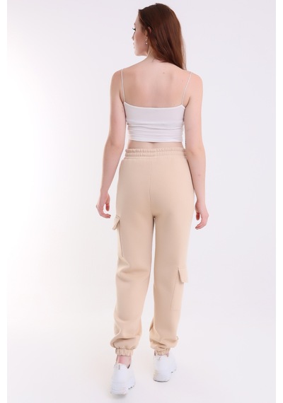 Winmoda34 Kadın Jogger Kalın 3 İplik Yandan Cepli Kargo Eşofman Altı Bejj
