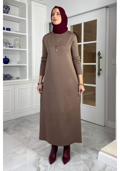 Rabia Şamlı Öykü Çelik Örme Triko Elbise Sütlü Kahve Normal
