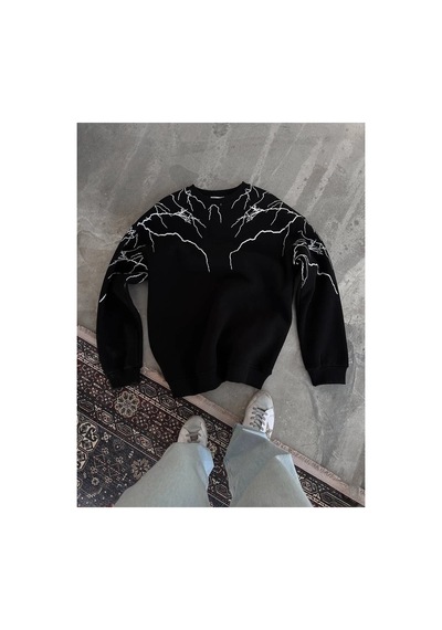 Erkek 3 İplik Pamuklu Yıldırım Baskılı Bisiklet Yaka Sweatshirt - Siyah