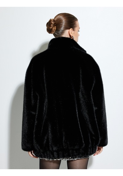 Koton Oversize Peluş Kaban Dik Yaka Fermuarlı Cepli Siyah 5wak00142ew Siyah