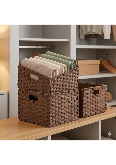 Hasır Plastik Örme Katlanır Sepet Organizer 33x33x21 Cm. Sarı