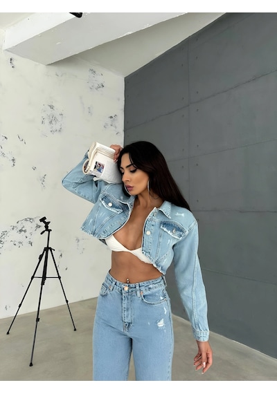 Havens Aleya Denim Crop Ceket Mavi