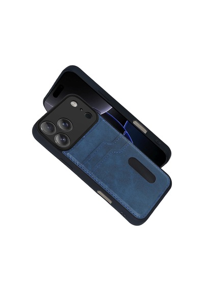 Apple İphone 17 Pro Max Uyumlu Deri Kartvizitli Kartlıklı Premium Telefon Kılıfı Kapak Lacivert