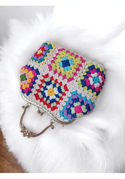 Embahandmde El Yapımı Metal Klipsli Renkli Granny Square Omuz Çantası Gümüş Zincirli Ekru - Çok Renkli