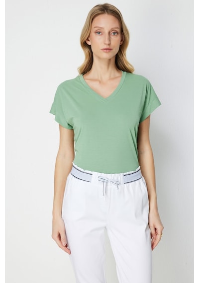 On Kadın V Yaka Parçalı T-shirt 71475 Haki
