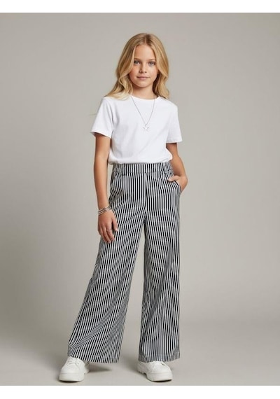 Zekids Kız Çocuk Çizgili Geniş Paça Pantolon-16894 Lacivert