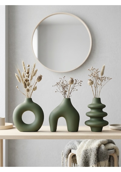 Kaveld Trio Forma El Yapımı 3'lü Dekoratif Vazo Seti, Kemer + Yığma Halka + Donut Form Mermer Tozu & Beton Minimalist Kuru Çiçek Vazosu Yaprak Yeşili Kaveld Trio Forma El Yapımı 3'lü Dekoratif Vazo Seti, Kemer + Yığma Halka + Donut Form Mermer Tozu & Beton Minimalist Kuru Çiçek Vazosu Yaprak Yeşili