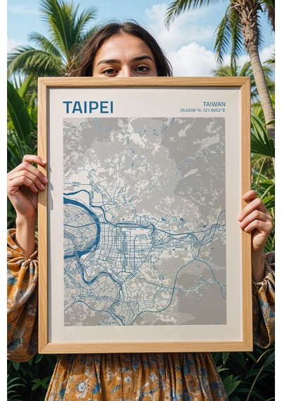Taipei Tayvan Taiwan Haritası Çerçeveli Tablo Lüks Salon Ofis Duvar Dekorasyonu Hediyelik Tablo Kayın
