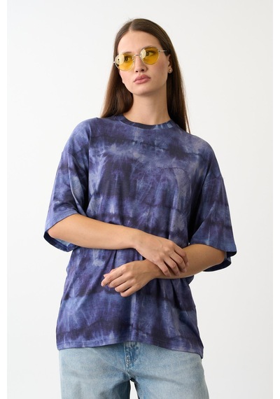 Bisiklet Yaka Batik Baskı T-shirt Mavi