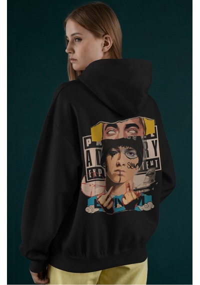 Sevbano Eminem Rapper Şarkıcı Sırt Baskılı Unisex Oversize Penye Hoodie Siyah