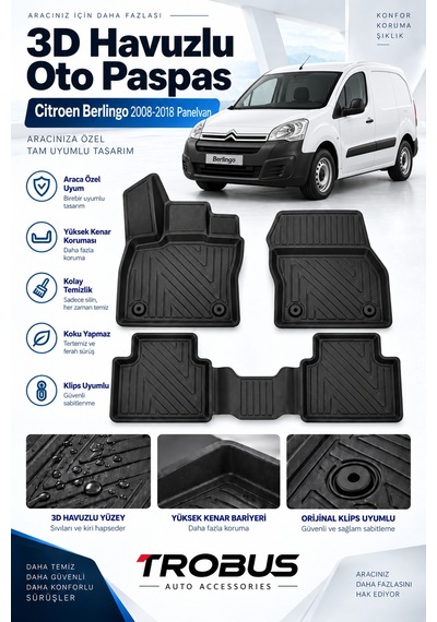Citroen Berlingo Panelvan 2015 Karbon Desenli Premium 3d Havuzlu Oto Paspas 2 Parça Ön Takım