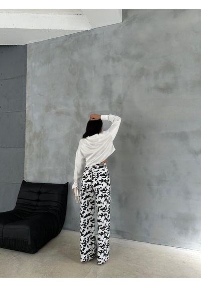 Zeo Basic Baggy Pantolon Beyaz&siyah İnek Desenli Yanlardan Lazerli Beyaz