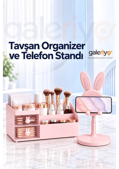 Tavşan Kulplu Makyaj Organizeri & Tavşan Figürlü Telefon Tablet Standı İkili Set Pembe Pembe