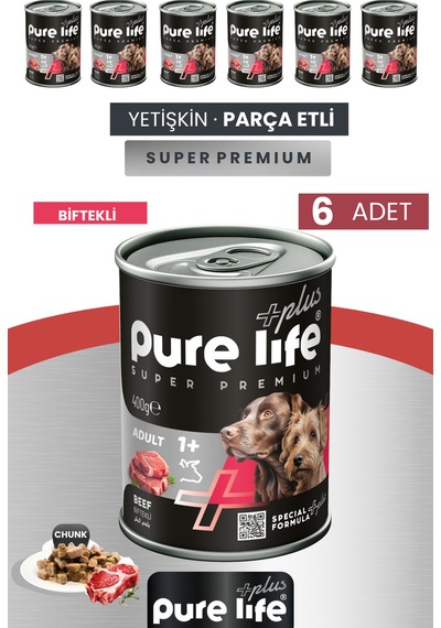 Pure Life Plus 6'lı Sığır Yetişkin Konserve Chunk Parça Etli Yaş Mama 400 G