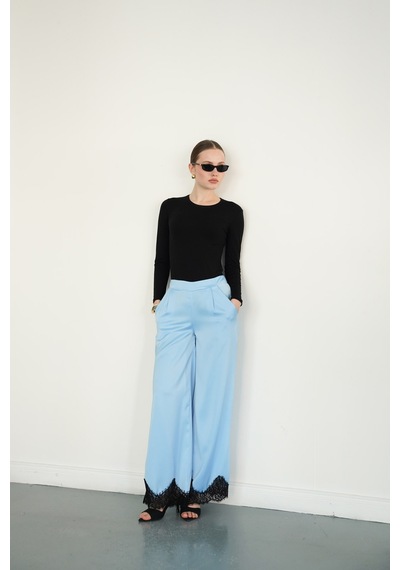 Verymoda Paçası Dantelli Saten Pantolon D2969 Mavi