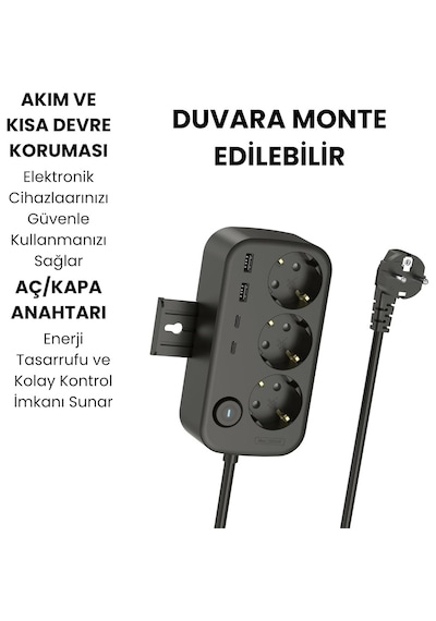 3 Lü Akım Korumalı Çoklu Priz 2 Usb-a 2 Usb-c 2 Metre Kablolu Duvara Monte Anahtarlı Siyah 1 - 3 M