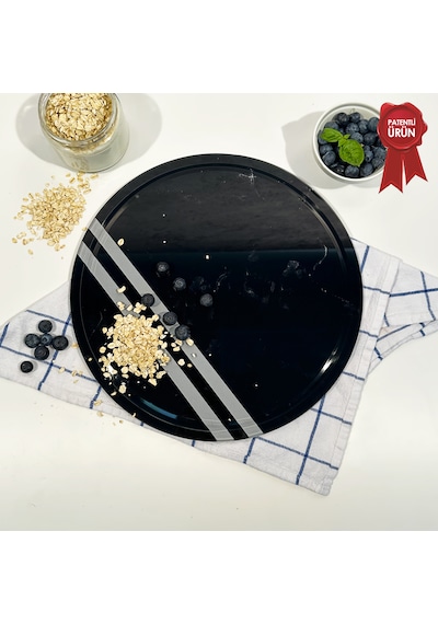 Kanallı Cam Kesme Tahtası - Dark World Şeritli - Çap32cm