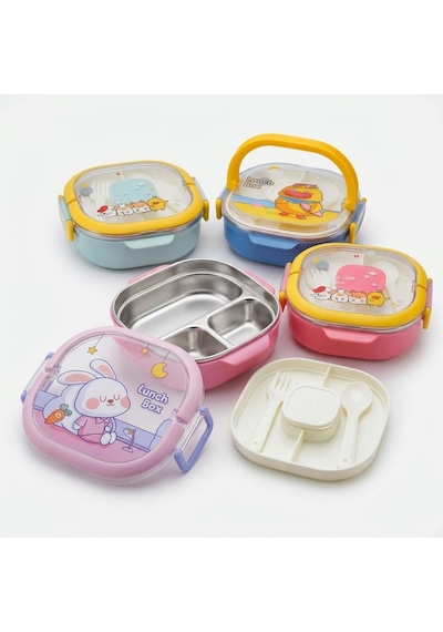 700 Ml Paslanmaz Çelik Yemek Kabı, 3 Bölmeli Kilitli Lunch Box, Çatal Kaşık Dahil Renkli Desenli Saklama Ve Taşıma Kabı Çok Renkli