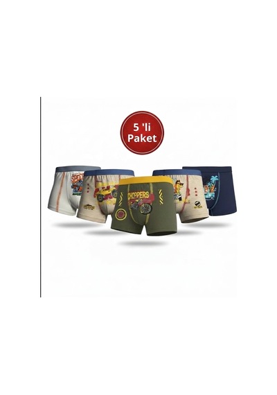 Orivra 5'li Erkek Çocuk Boxer Seti Pamuklu Esnek Desenli İç Çamaşırı Paketi Çok Renkli