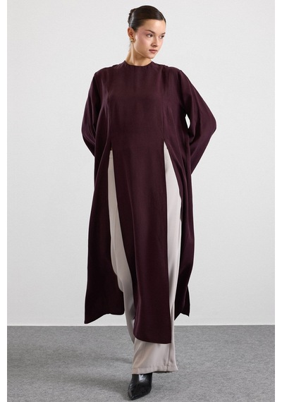 Olcay Derin Yırtmaçlı Oversize Uzun Tunik Mürdüm 9838