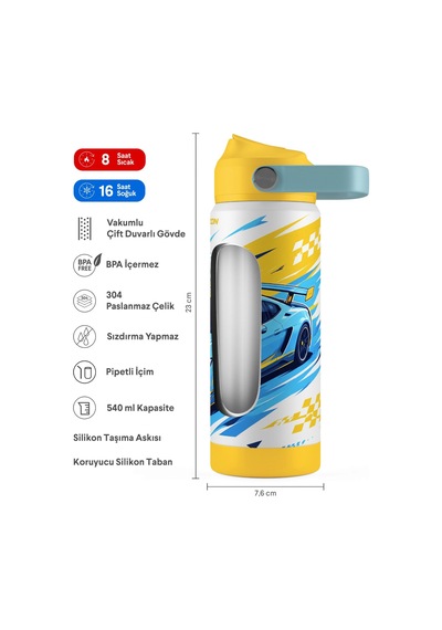 Puccon 540 Ml Yarış Arabası Baskılı Mavi - Sarı Erkek Çocuk Pipetli Çelik Termos Matara/suluk - 60050