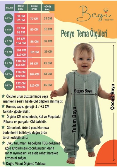 Begi İnterlok Geniş Askılı Çocuk Uyku Tulumu %100 Pamuk Kumaş 1.0 Tog Açık Bej