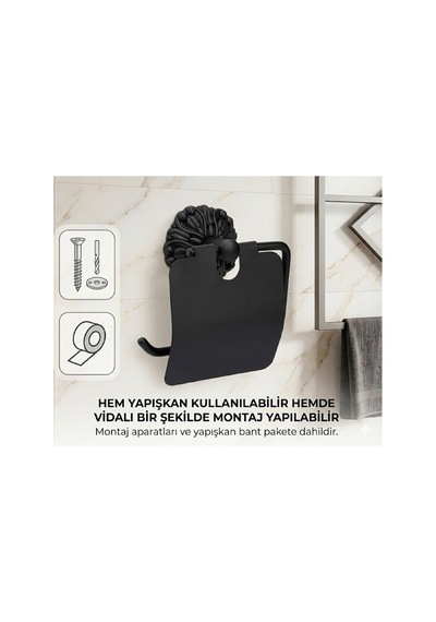 Buççin Online Mağaza Yapışkanlı/vidalı Kapaklı Tuvalet Kağıdı Askısı Banyo Tuvalet Kağıtlığı Roma Serisi Metal Siyah Çok Renkli