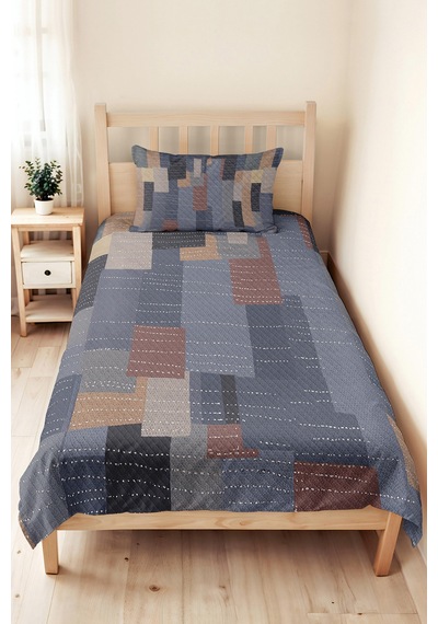 Mavi Geometrik Modern Genç Odası Tek Kişilik Pike Takımı-gri Vizon 160x220 Cm Kapitone Yatak Örtüsü Turkuaz