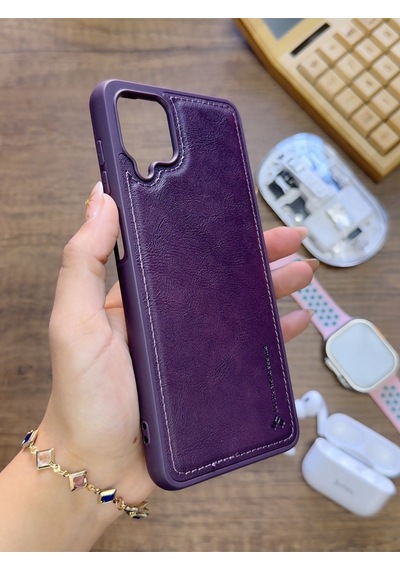 Samsung Galaxy A12 Uyumlu Premium Deri Dokulu Darbelere Karşı Dayanıklı Nazal Silikon Kılıf Mor