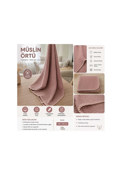 Lunare %100 Pamuk 4 Kat Müslin Bebek Örtüsü 90x100 CM Battaniye Puset Örtüsü Kundak Gül Kurusu Pembe