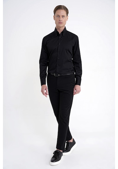 Slim Fit Düğmeli Yüksek Yaka %100 Pamuk Saten Düz Siyah Gömlek Gk 760