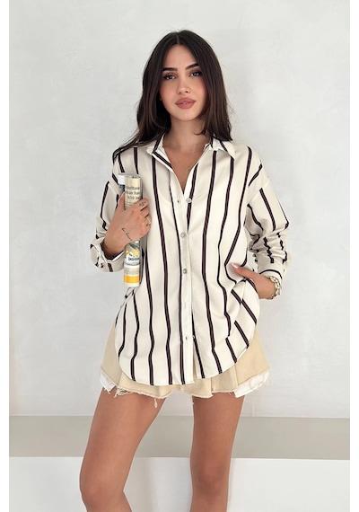 Asprin Fashion Pamuk Viscon Dijital Baskı Sonsuz Çizgi Gömlek Krem