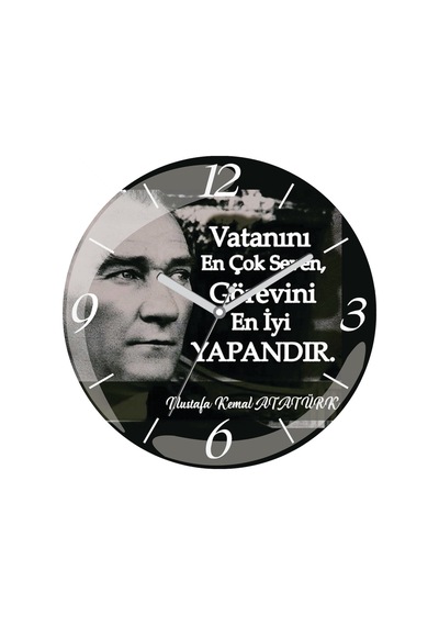 Atatürk Vatanını Seven Görevini Bombeli Gerçek Cam Duvar Saati Siyah
