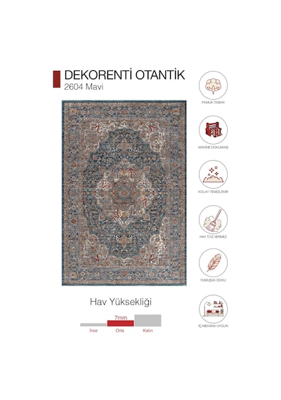 Dekorenti Otantik 2604 Mavi Halı Eskitme Madalyon Desenli Halı