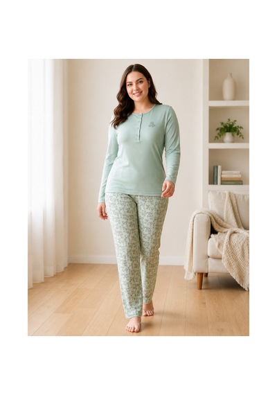 Flz Kadın Kışlık Viskon Pijama Takımı M L Xl Xxl Uzun Kollu Boydan Düğmeli Şık Ev Giyimı B89-100 Mint
