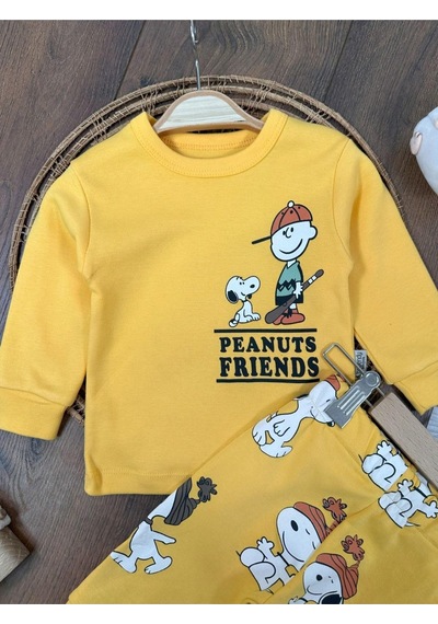 Bisiklet Yaka Peanuts Friends Baskılı Alt Üst Pijama Takımı 4bb2 Sarı