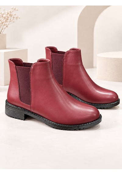 Dabab Shoes Maral Kadın Bordo Cilt Yuvarlak Burun Lastik Detaylı 3 Cm Topuklu Kaymaz Taban Chelsea Bot Bootie