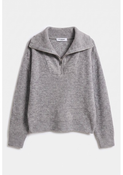 Kadın Gri W6-12 Oversize Fermuarlı Triko Kazak