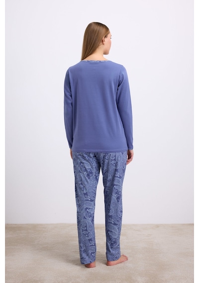 Man11566-1085 Anil Ev Giyim Anıl Kadın Uzun Kollu T-shirt Ve Desenli Pantolon Pijama Takımı 11566 Çivit
