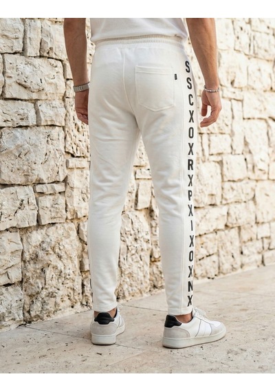 Plus Scorpion Erkek Slim Fit Eşofman Altı Yazılı Şerit Detaylı, Dar Paça Jogger Pantolon Beyaz