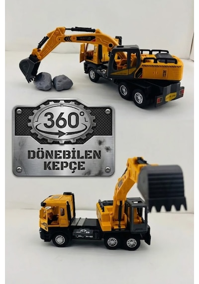 Metal Kasa Sesli Işıklı Ekskavatör Kamyon 35 Cm - 360 Derece Dönen Kepçeli Çek Bırak İş Makinesi