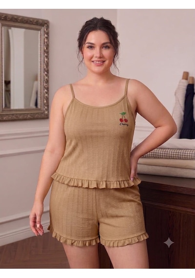 Büyük Beden Askılı Şortlu Likralı Pamuklu Kumaş Pijama Takım Kahverengi