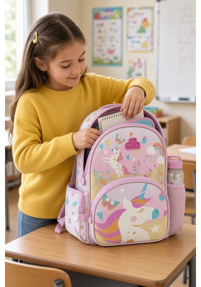 Kız Çocuk İlkokul Sırt Çantası Pegasus Unicorn Baskılı 3 Bölmeli 16l Matara Cepli 39x29x16cm Çok Renkli
