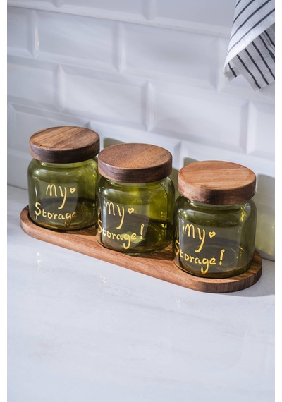Acar 7937 Pierre 3 Lü Akasya Ahşap Kapak Ve Tepsili Kavanoz Seti 12 Cm - Green Yeşil